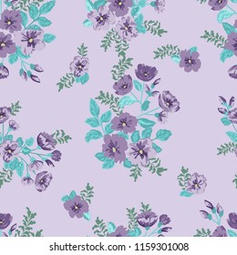 Flowery bright pattern in small-scale blueberry color flowers. Liberty style millefleurs. Floral seamless background for textile or book covers, manufacturing, wallpapers, print, gift wrap