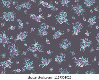 Flowery bright pattern in small-scale blueberry color flowers. Liberty style millefleurs. Floral seamless background for textile or book covers, manufacturing, wallpapers, print, gift wrap