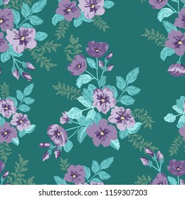 Flowery bright pattern in small-scale blueberry color flowers. Liberty style millefleurs. Floral seamless background for textile or book covers, manufacturing, wallpapers, print, gift wrap