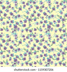 Flowery bright pattern in small-scale blueberry color flowers. Liberty style millefleurs. Floral seamless background for textile or book covers, manufacturing, wallpapers, print, gift wrap