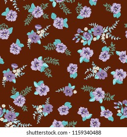 Flowery bright pattern in small-scale blueberry color flowers. Liberty style millefleurs. Floral seamless background for textile or book covers, manufacturing, wallpapers, print, gift wrap