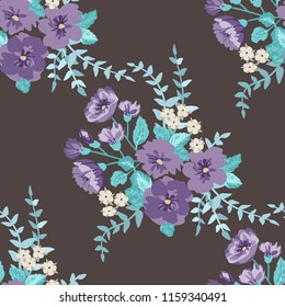 Flowery bright pattern in small-scale blueberry color flowers. Liberty style millefleurs. Floral seamless background for textile or book covers, manufacturing, wallpapers, print, gift wrap