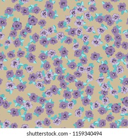 Flowery bright pattern in small-scale blueberry color flowers. Liberty style millefleurs. Floral seamless background for textile or book covers, manufacturing, wallpapers, print, gift wrap