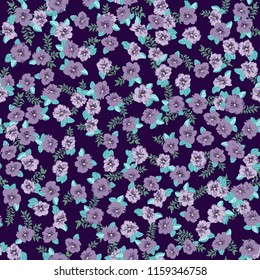Flowery bright pattern in small-scale blueberry color flowers. Liberty style millefleurs. Floral seamless background for textile or book covers, manufacturing, wallpapers, print, gift wrap