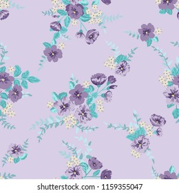 Flowery bright pattern in small-scale blueberry color flowers. Liberty style millefleurs. Floral seamless background for textile or book covers, manufacturing, wallpapers, print, gift wrap