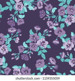 Flowery bright pattern in small-scale blueberry color flowers. Liberty style millefleurs. Floral seamless background for textile or book covers, manufacturing, wallpapers, print, gift wrap