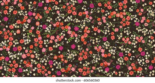 Flowery bright pattern in small-scale flowers. Millefleurs. Floral seamless background for textile, surface, fabric, wallpapers, print, gift wrap and scrapbooking, decoupage. Fashion spring colors.