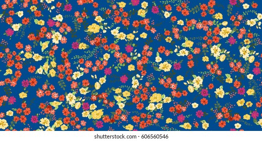 Flowery bright pattern in small-scale flowers. Millefleurs. Floral seamless background for textile, surface, fabric, wallpapers, print, gift wrap and scrapbooking, decoupage. Fashion spring colors.