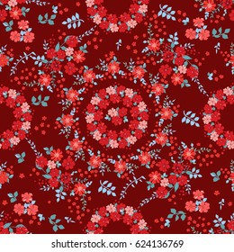 Flowery bright pattern in small-scale flowers. Calico millefleurs. Floral seamless background for textile or book covers, manufacturing, wallpapers, print, gift wrap, scrapbooking. Red and aqua colors