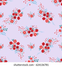 Flowery bright pattern in small-scale flowers. Calico millefleurs. Floral seamless background for textile or book covers, manufacturing, wallpapers, print, gift wrap, scrapbooking. Red and aqua colors