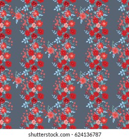 Flowery bright pattern in small-scale flowers. Calico millefleurs. Floral seamless background for textile or book covers, manufacturing, wallpapers, print, gift wrap, scrapbooking. Red and aqua colors