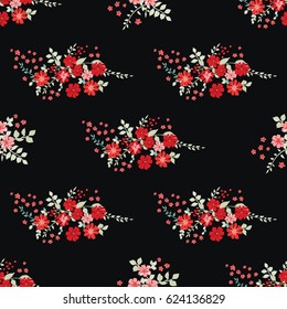 Flowery bright pattern in small-scale flowers. Calico millefleurs. Floral seamless background for textile or book covers, manufacturing, wallpapers, print, gift wrap, scrapbooking. Red and aqua colors