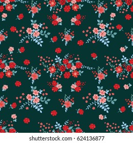 Flowery bright pattern in small-scale flowers. Calico millefleurs. Floral seamless background for textile or book covers, manufacturing, wallpapers, print, gift wrap, scrapbooking. Red and aqua colors