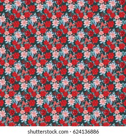 Flowery bright pattern in small-scale flowers. Calico millefleurs. Floral seamless background for textile or book covers, manufacturing, wallpapers, print, gift wrap, scrapbooking. Red and aqua colors