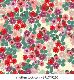Flowery bright pattern in small-scale flowers. Liberty style millefleurs. Floral seamless background for textile or book covers, manufacturing, wallpapers, print, gift wrap, scrapbooking. Trendy color