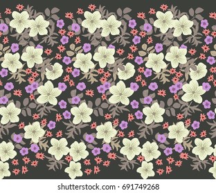 Flowery bright pattern in small-scale flowers. Liberty style millefleurs. Floral seamless background for textile or book covers, manufacturing, wallpapers, print, gift wrap, scrapbooking. Trendy color