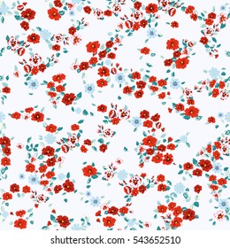 Flowery bright pattern in small-scale red and blue flowers. Liberty style millefleurs. Floral seamless background for textile, book covers, manufacturing, wallpapers, print, gift wrap and scrapbooking