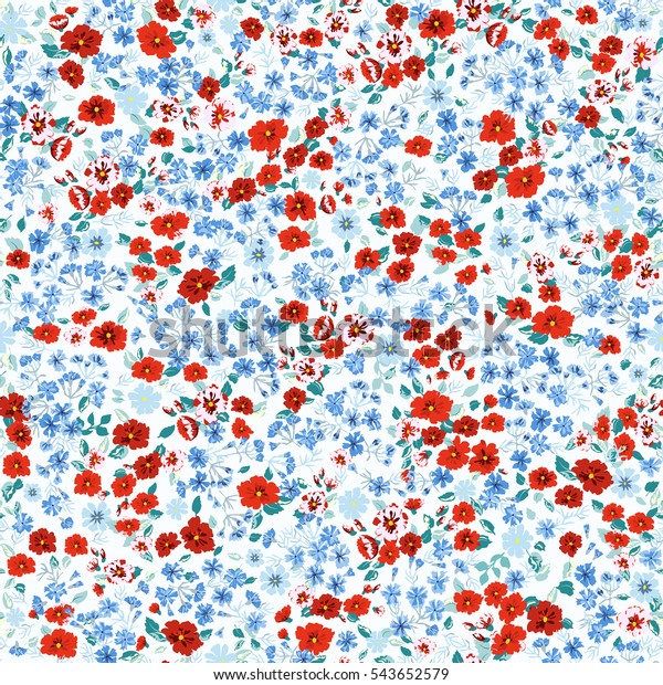 小さな赤と青の花で華やかな明るい模様 リバティスタイルのミズミ 繊維 本のカバー 製造 壁紙 印刷 ギフトラップ スクラップブック用の花柄のシームレスな背景 のベクター画像素材 ロイヤリティフリー