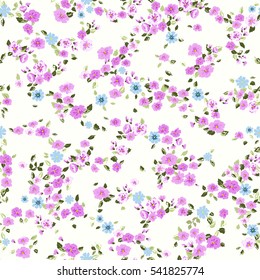 Blühendes süßes Muster in kleinen Blumen. Millefleurs im Stil der Freiheit. Blumen nahtloser Hintergrund für Textil- oder Buchumschläge, Herstellung, Bildschirmhintergrund, Druck, Geschenkverpackung und Scrapbooking.