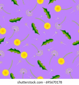 Flowery Delicate dandelion on lilac background. Floral seamless background for textile, book covers, manufacturing, print, fabric