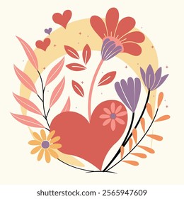 A flowery design with a heart in the center. The heart is surrounded by flowers and leaves, and the overall mood of the image is one of love and warmth