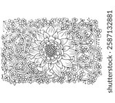 A flowery design with a large flower in the center. The flower is surrounded by vines and leaves