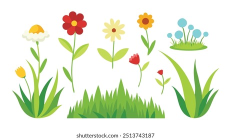 
Flowery grassland isolated flat vector illustration set on white background