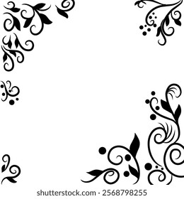 flowery leafy flourish corner black border vector illustration