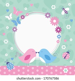 flowery love birds border with bumble bee, ladybugs and butterflies 