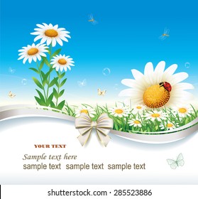 Flowery meadow with daisies.Against the background of the sky daisies, ribbons, bows.