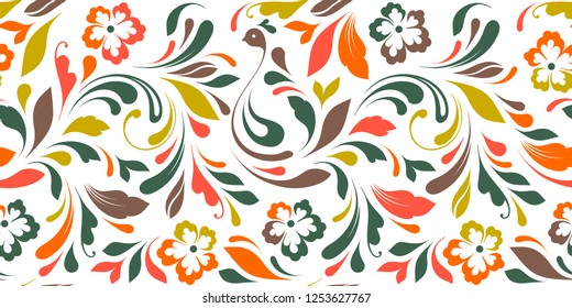 Flowery pattern with bird. Colorful lines design. Seamless floral background for textile, wallpapers, wrapping, paper. Plant ornament.