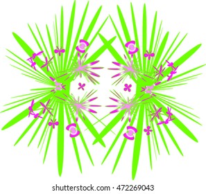 Flowery Pattern of Palm Leaves and Red Flowers  