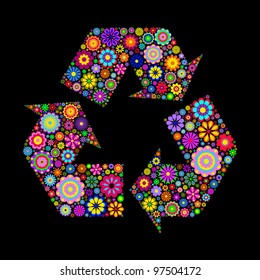Flowery recycling symbol or logo on black  background