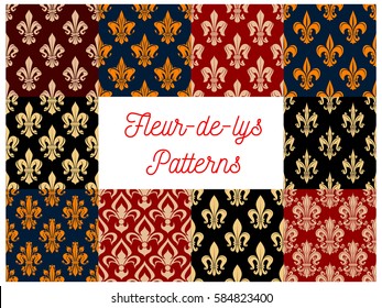 Flowery royal fleur-de-lis patterns set of vector seamless floral ornament and french lily heraldic flower tracery. Luxury ornamental baroque motif backdrop and embellishment tiles design for interior