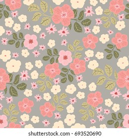 Flowery shabby chic pattern in small-scale folk flowers. Calico millefleurs. Floral seamless background for textile, surface, fabric, wallpapers, print, gift wrap and scrapbooking, decoupage.