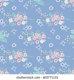 Flowery tracery pattern in small-scale flowers. Country style millefleurs. Floral seamless baby background for textile, surface, fabric, wallpapers, print, gift wrap and scrapbooking, decoupage.