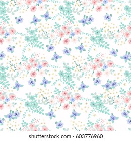Flowery tracery pattern in small-scale flowers. Country style millefleurs. Floral seamless baby background for textile, surface, fabric, wallpapers, print, gift wrap and scrapbooking, decoupage.