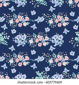 Flowery tracery pattern in small-scale flowers. Country style millefleurs. Floral seamless baby background for textile, surface, fabric, wallpapers, print, gift wrap and scrapbooking, decoupage.