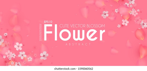 Flowes and Petals. Realistic 3D background. Pink cherry blossom design. Spring time.