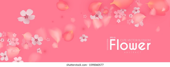 Flowes and Petals. Realistic 3D background. Pink cherry blossom design. Spring time.