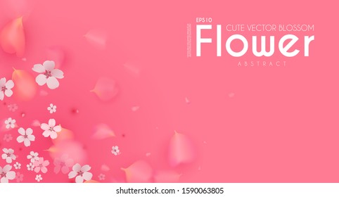 Flowes and Petals. Realistic 3D background. Pink cherry blossom design. Spring time.