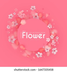 Flowes and Petals. Realistic 3D background. Pink cherry blossom design. Spring time.