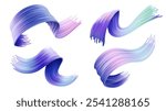 Flowing 3d brushstrokes with blue and purple gradient colors. Ribbon shapes with smooth transitions and textured edges. Modern graphic design elements vector set of wave acrylic paint brush stroke.