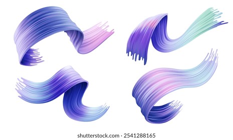 Fließende 3D-Pinselstriche mit blauen und violetten Farbverlauf-Farben. Bandformen mit glatten Übergängen und strukturierten Kanten. Moderne grafische Design-Elemente Vektor-Satz der Welle Acryl Pinsel Pinselstrich.