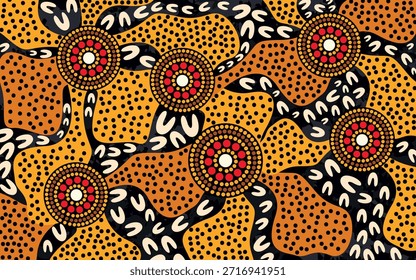 Padrão de arte aborígene fluente com motivos circulares sagrados