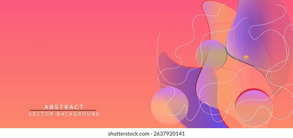 Flowing Abstract Banner with Translucent Overlapping Shapes in Soft Pinks, Oranges, and Purples, Featuring a Gradient Peach-to-Coral Background and Thin Dotted White Lines for Elegant Fluidity