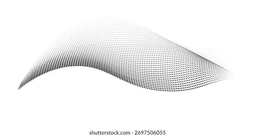 Flowing abstract dots particles wave pattern 3D curve halftone black gradient curve shape isolated on white background simple abstract