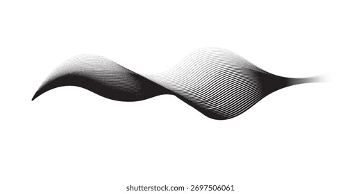 Patrón de onda de partículas de puntos abstractos fluyendo Forma de curva de gradiente negro de semitono 3D aislada sobre fondo blanco simple abstracto moderno