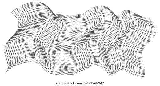 Uma forma fluida e abstrata construída a partir de um arranjo denso de pequenos pontos pretos, criando uma aparência texturizada e ondulada.