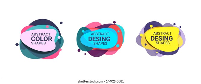 Flowing abstract geometric shape set. Lilac, cyan, yellow, red, pink, violet colors. Transparent layers, fluid elements, paper style. Vector illustration for banner, poster, logo, flyer design